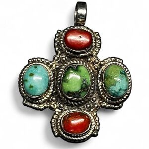 Vintage Sterling Silver, Turquoise, and Red Coral Cross Pendant